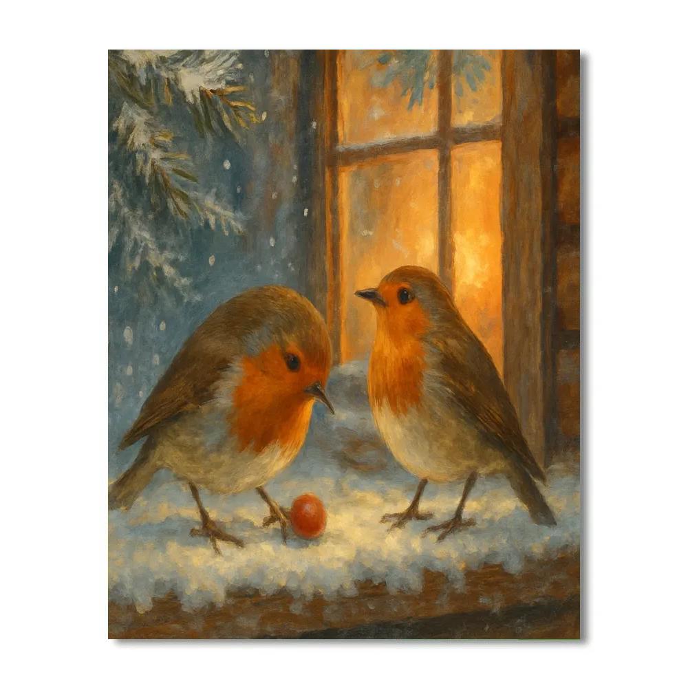 Firelight Robins By The Snowy Window Sill paint by numbers