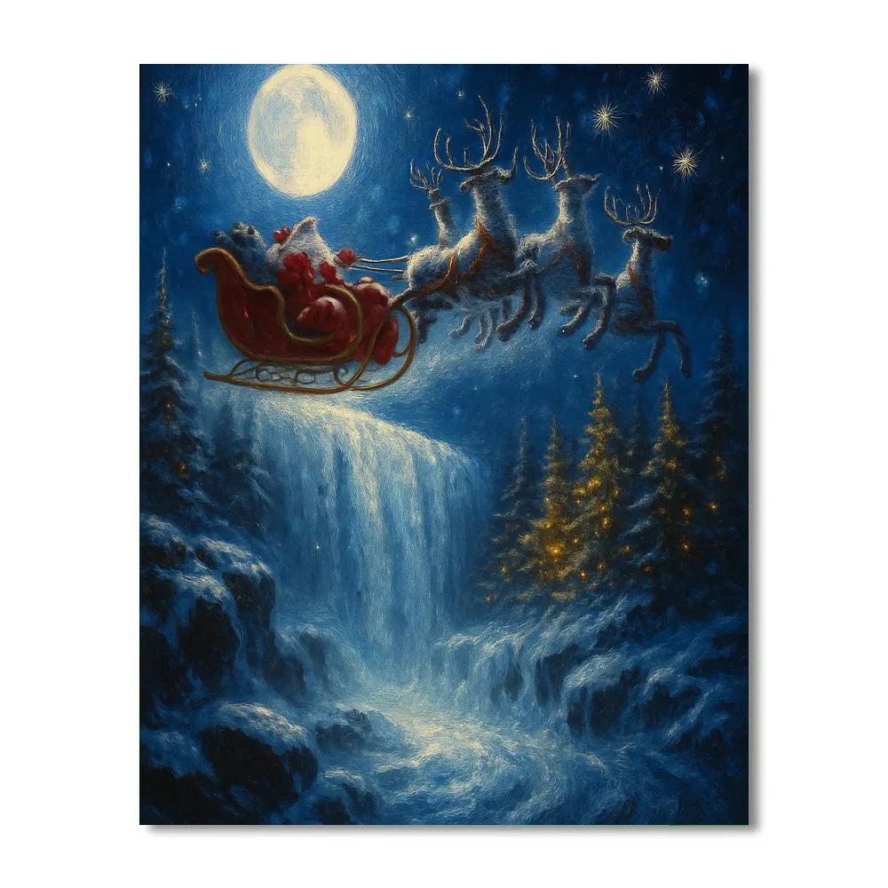 Midnight Sleigh Over Frozen Waterfalls Number painting