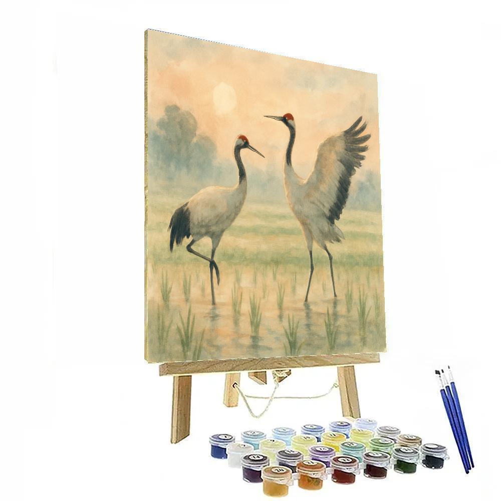Morning Mist Cranes In The Rice Field Horizon Painting by numbers kit