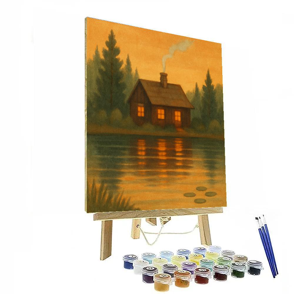 Golden Hour Cabin Across Quiet Bay paint by number