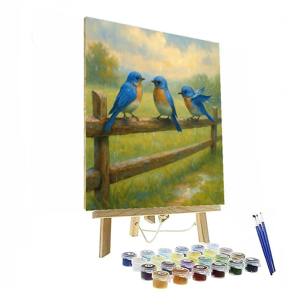 Bluebirds On The Meadow Fence After Rain painting number kit