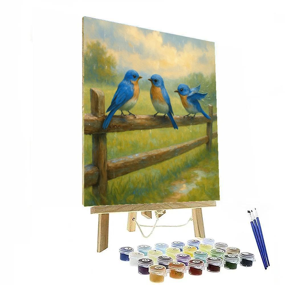 Bluebirds On The Meadow Fence After Rain painting number kit