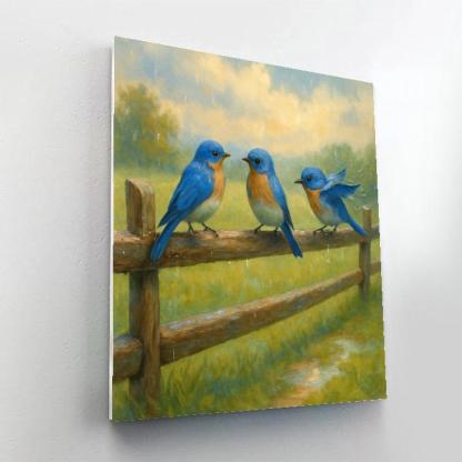 Bluebirds On The Meadow Fence After Rain painting number kit