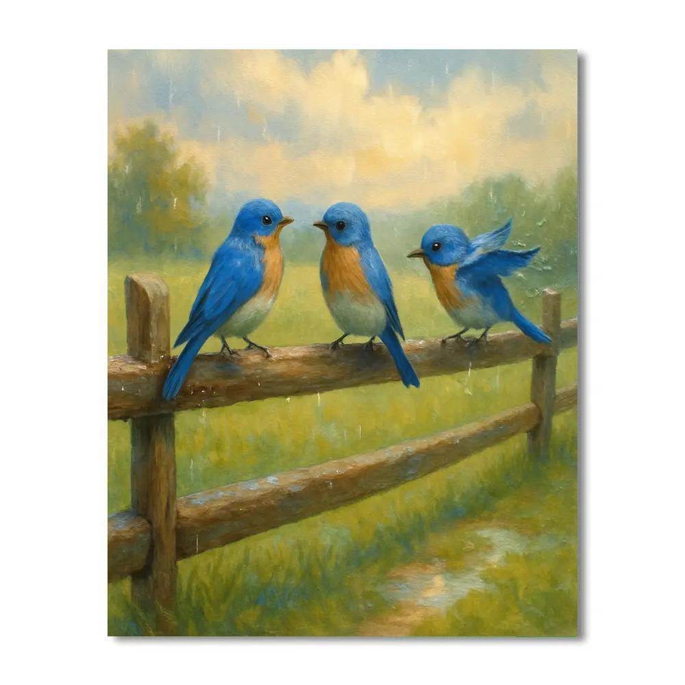 Bluebirds On The Meadow Fence After Rain painting number kit