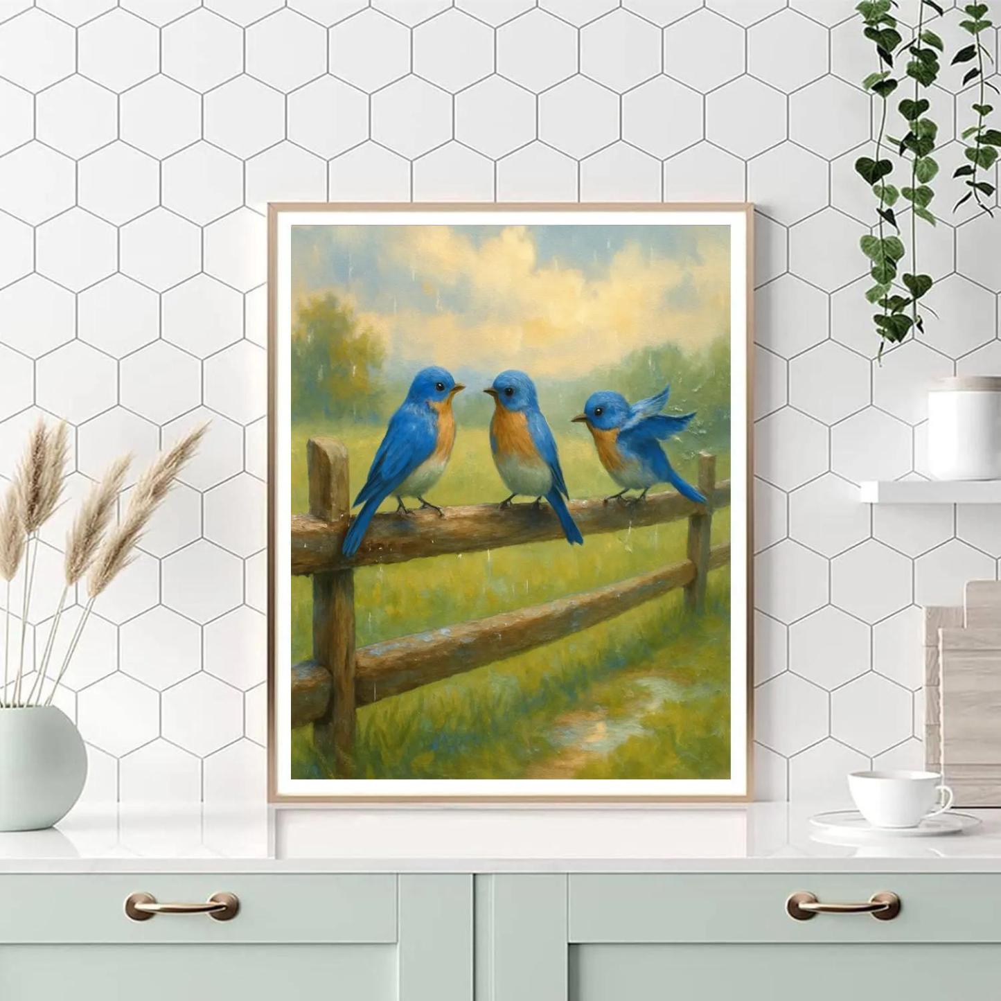 Bluebirds On The Meadow Fence After Rain painting number kit