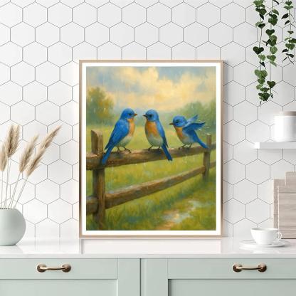 Bluebirds On The Meadow Fence After Rain painting number kit