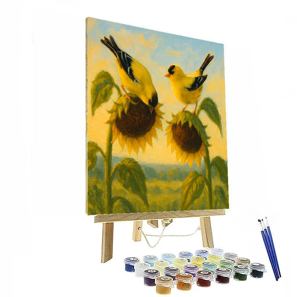 Goldfinches At The Sunflower Edge Of Summer Paint by numbers art