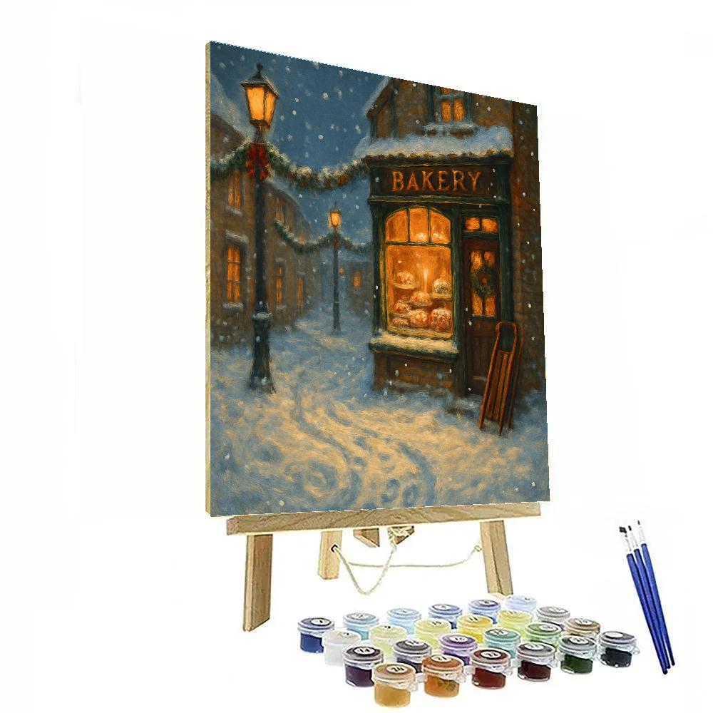 Candlelit Bakery In A Snow Globe Street paint by color
