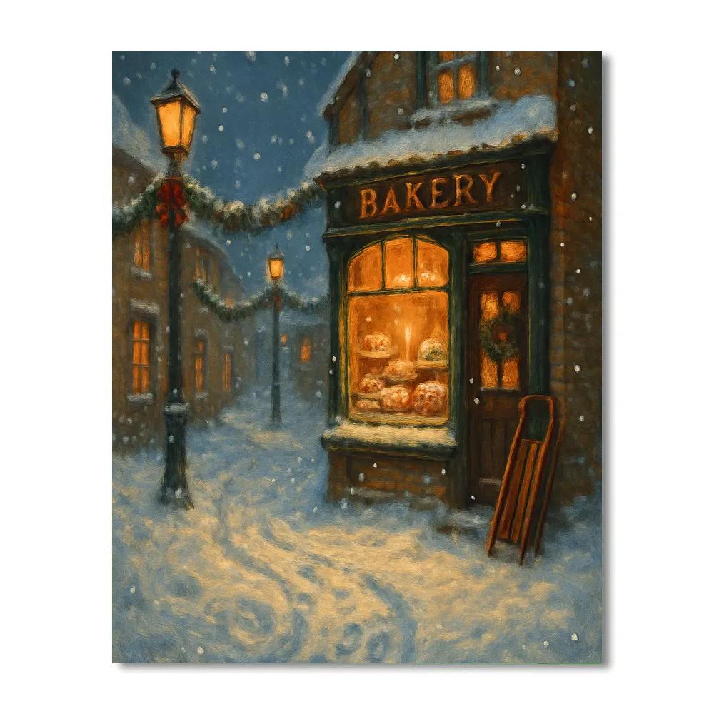 Candlelit Bakery In A Snow Globe Street paint by color