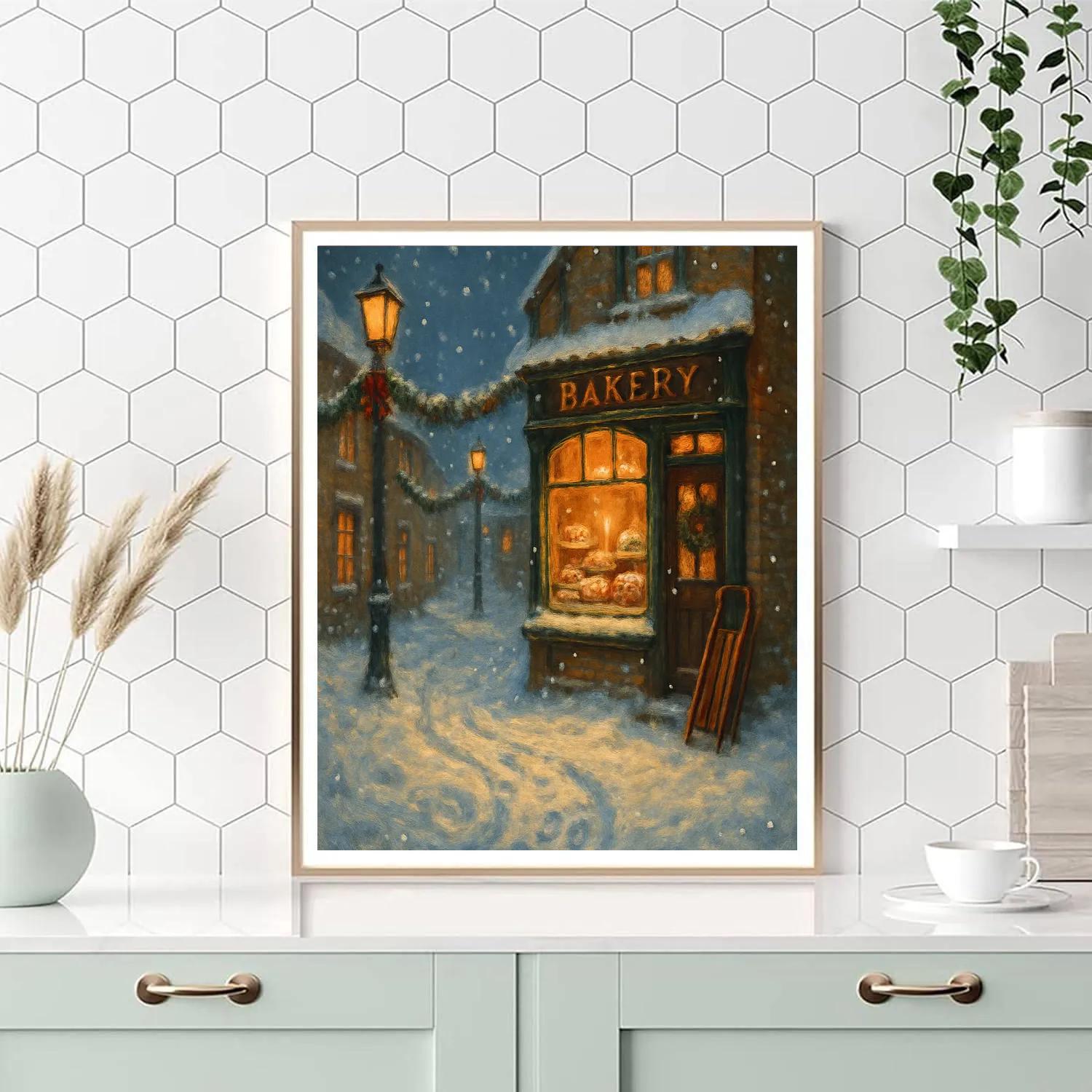 Candlelit Bakery In A Snow Globe Street paint by color