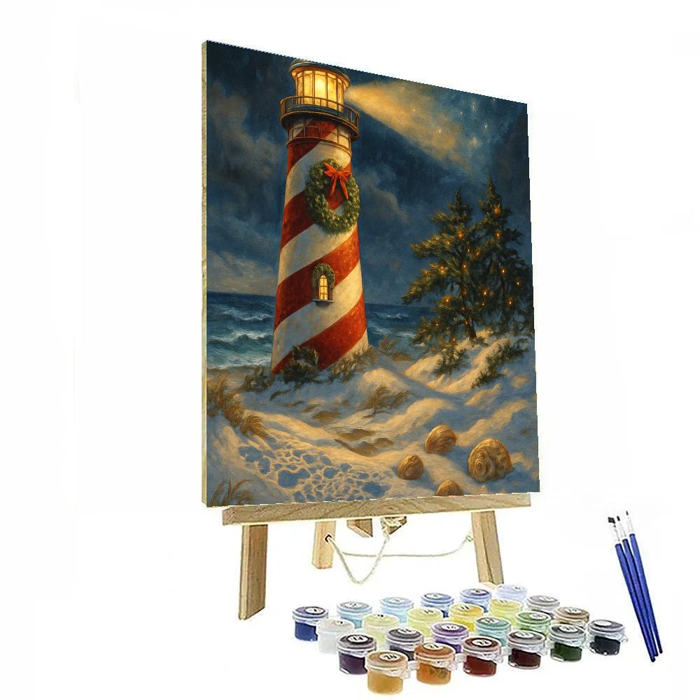 Candy Cane Lighthouse On The Winter Coast Painting by numbers kit