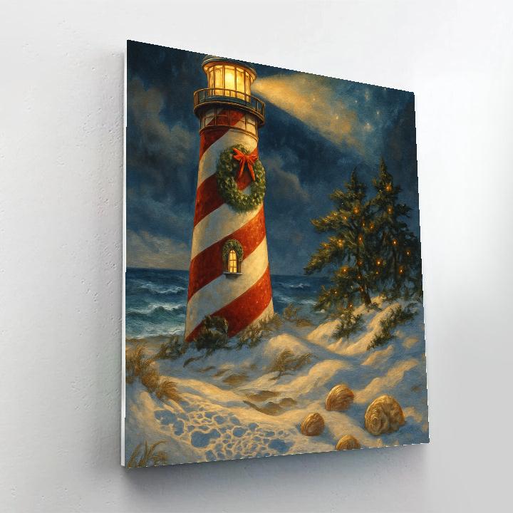 Candy Cane Lighthouse On The Winter Coast Painting by numbers kit
