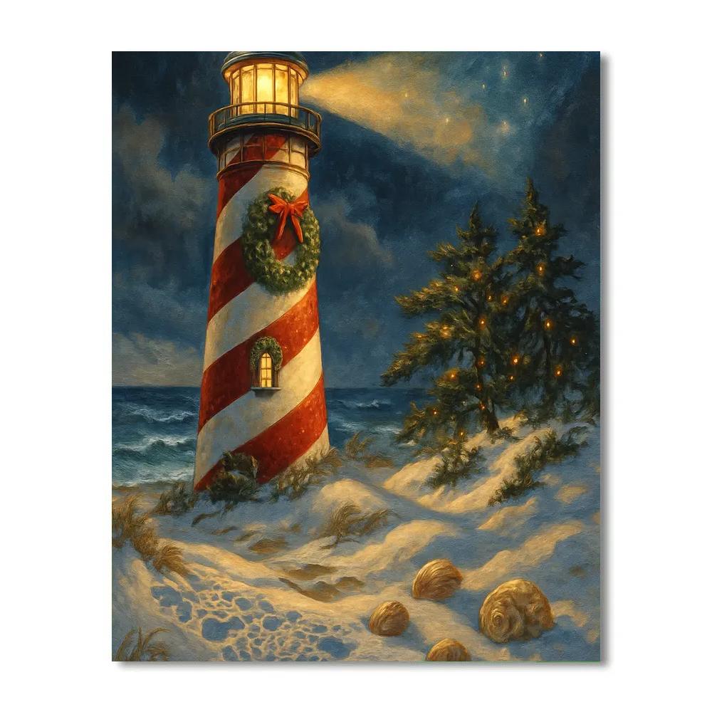 Candy Cane Lighthouse On The Winter Coast Painting by numbers kit