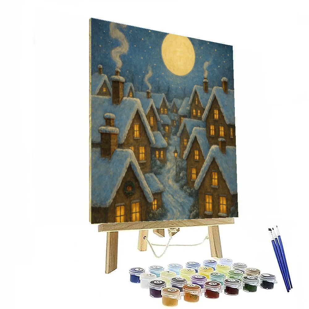 Frosted Village Rooftops Under A Candle Moon paint by number