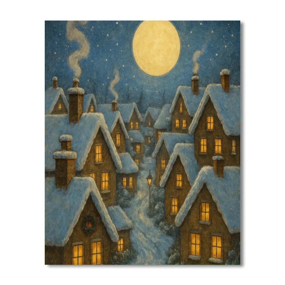 Frosted Village Rooftops Under A Candle Moon paint by number