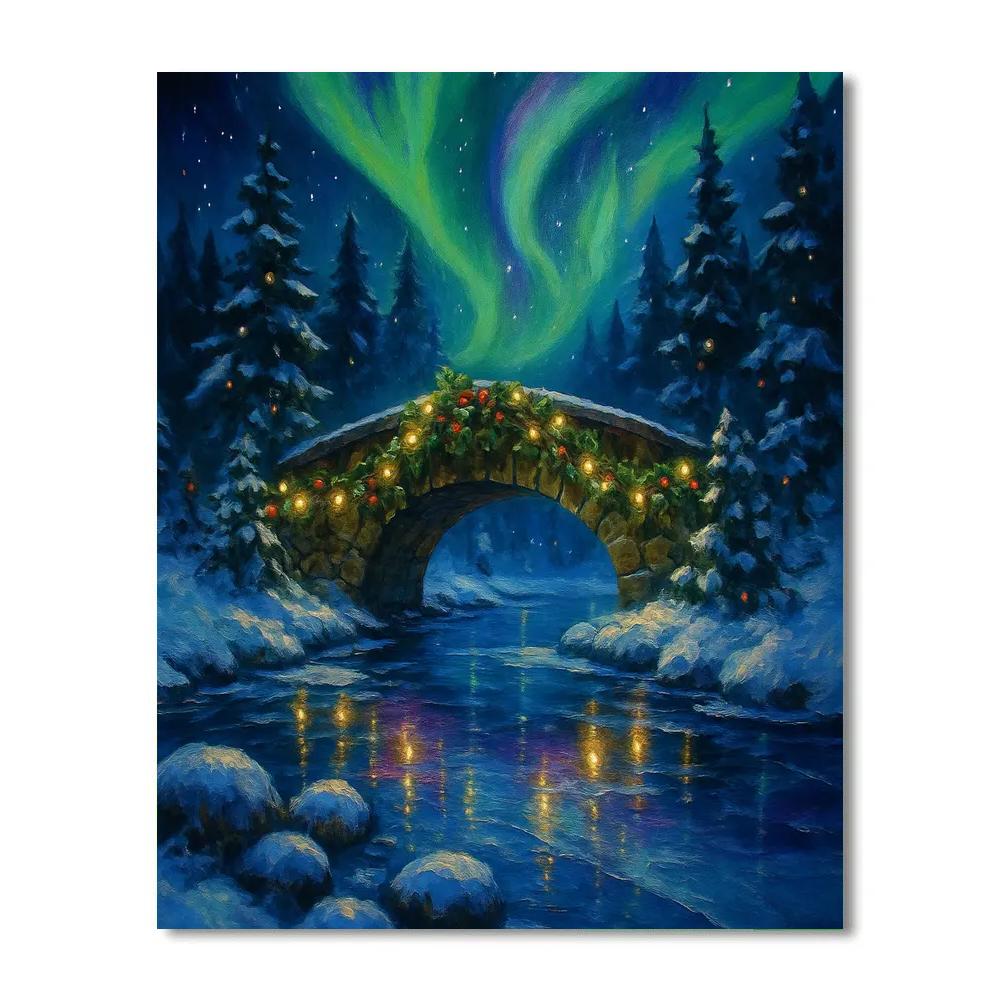 Mistletoe Bridge Under The Northern Lights painting number kit