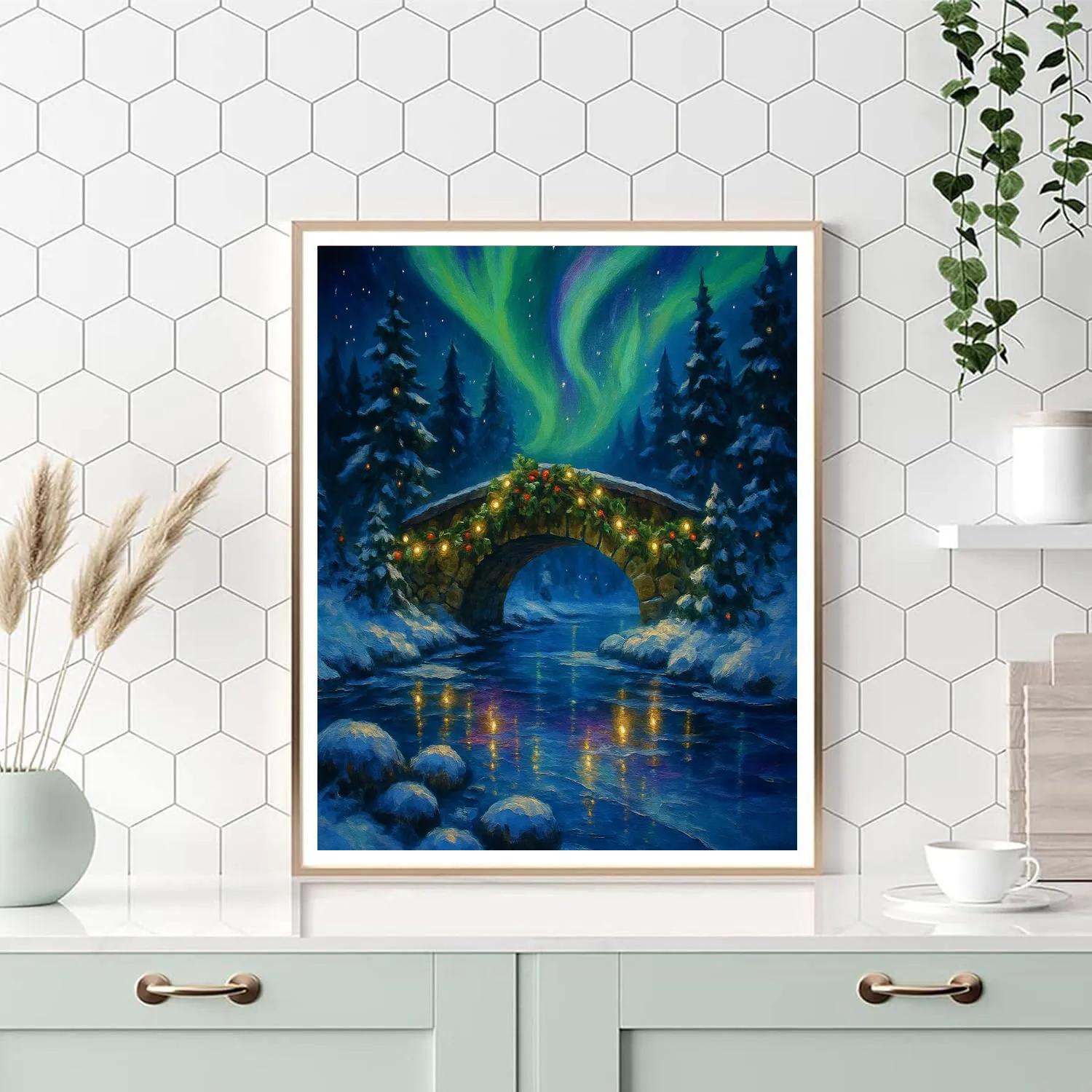 Mistletoe Bridge Under The Northern Lights painting number kit