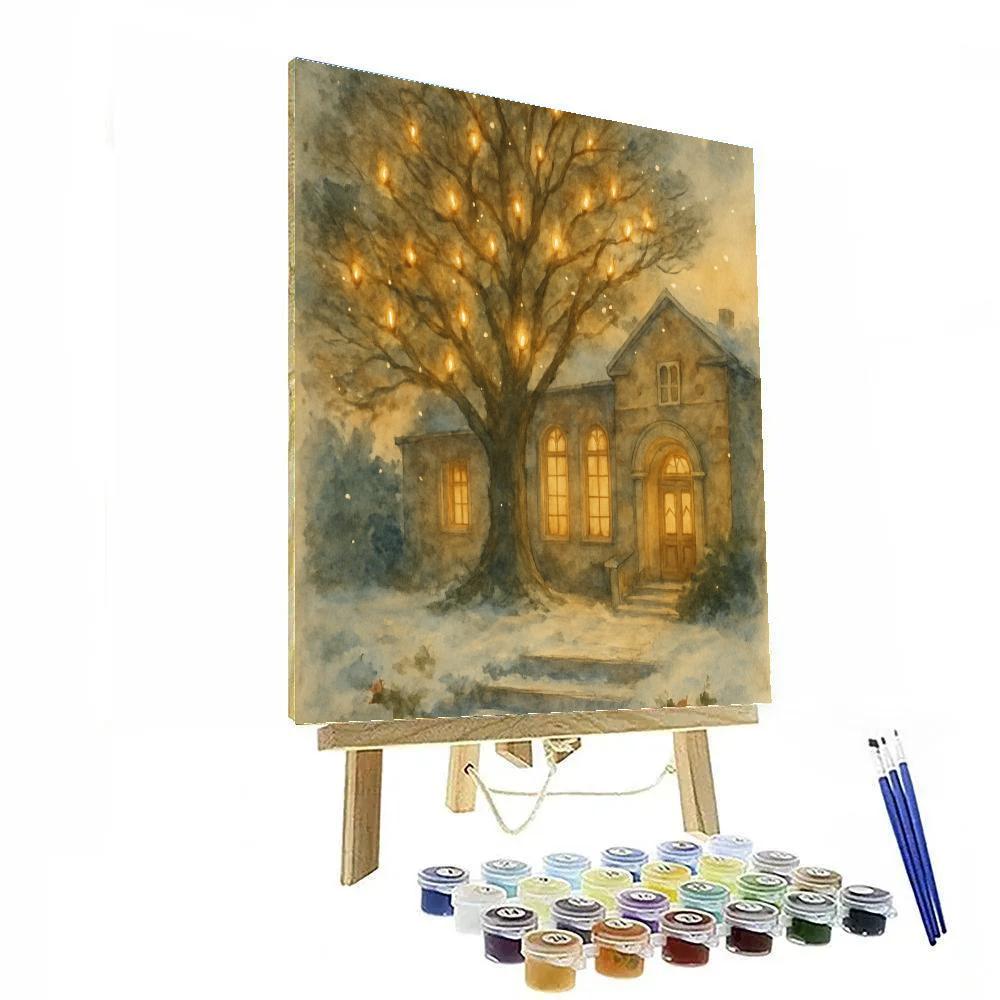 Snow Covered Library Tree Of Lights Painting by numbers kit