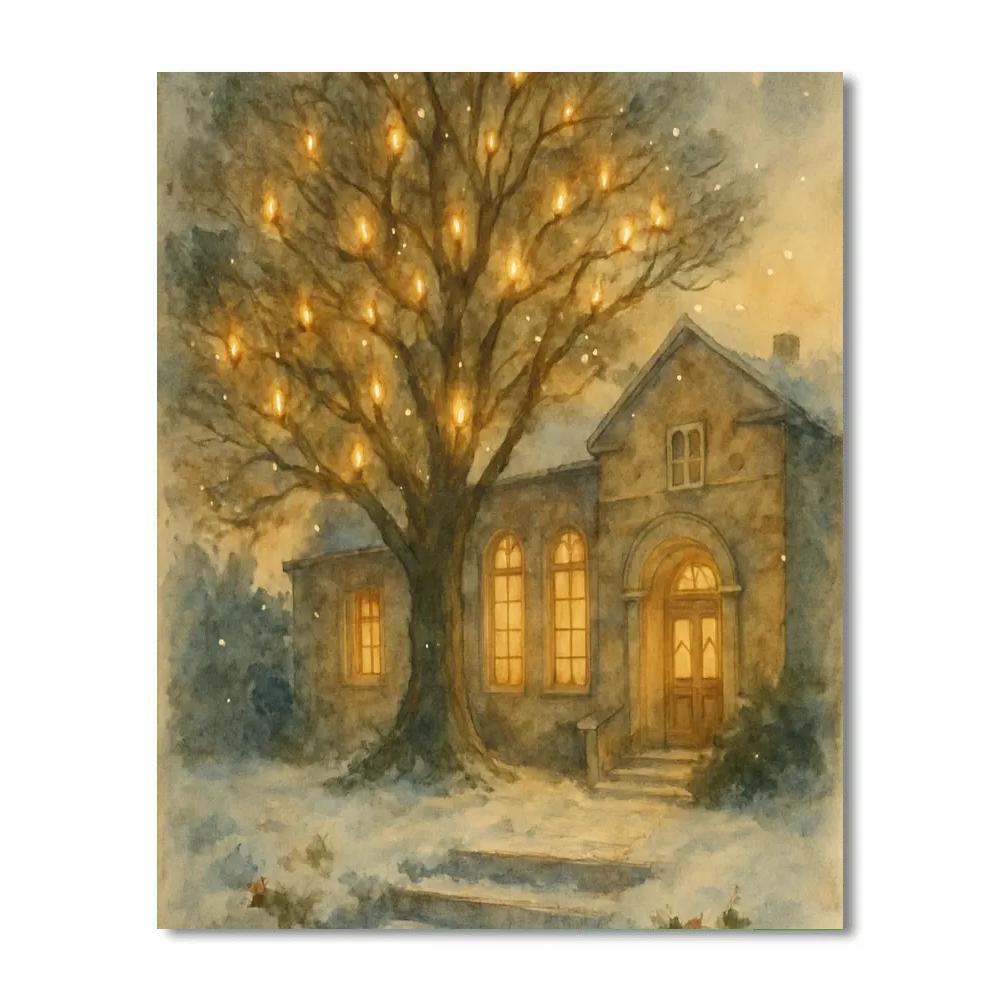 Snow Covered Library Tree Of Lights Painting by numbers kit