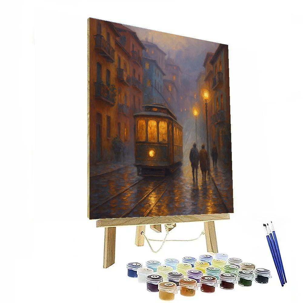 Saffron Tram Through Misty Hillside Blocks paint by numbers