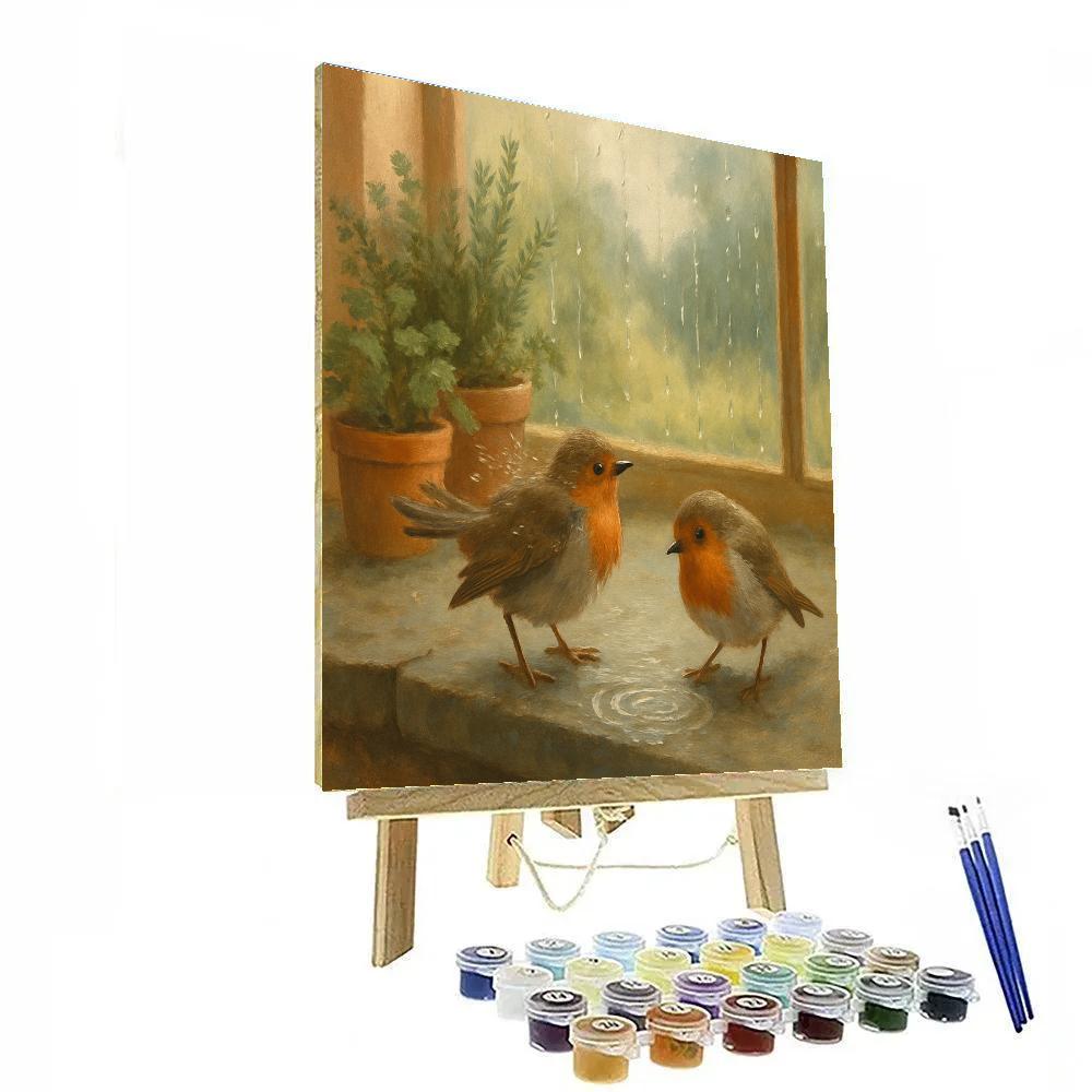 Robins In The Rainy Window Garden paint by number
