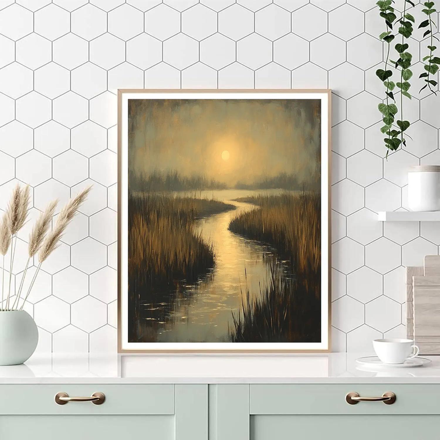 Rembrandt Inspired Moonlit Marsh With Mist And Hidden Waterway paint by color