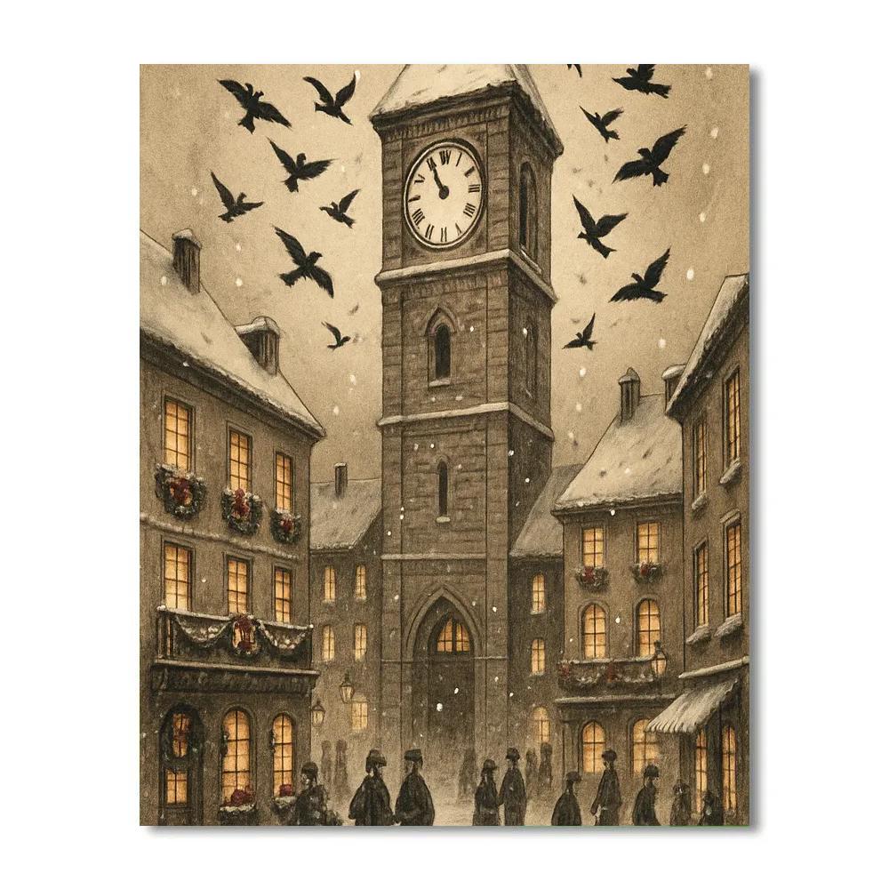 Snowy Clocktower Carol Flock Paint by numbers art