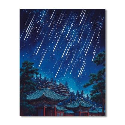 Hokusai Inspired Starfall Over Temple Number painting