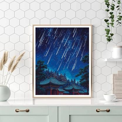 Hokusai Inspired Starfall Over Temple Number painting