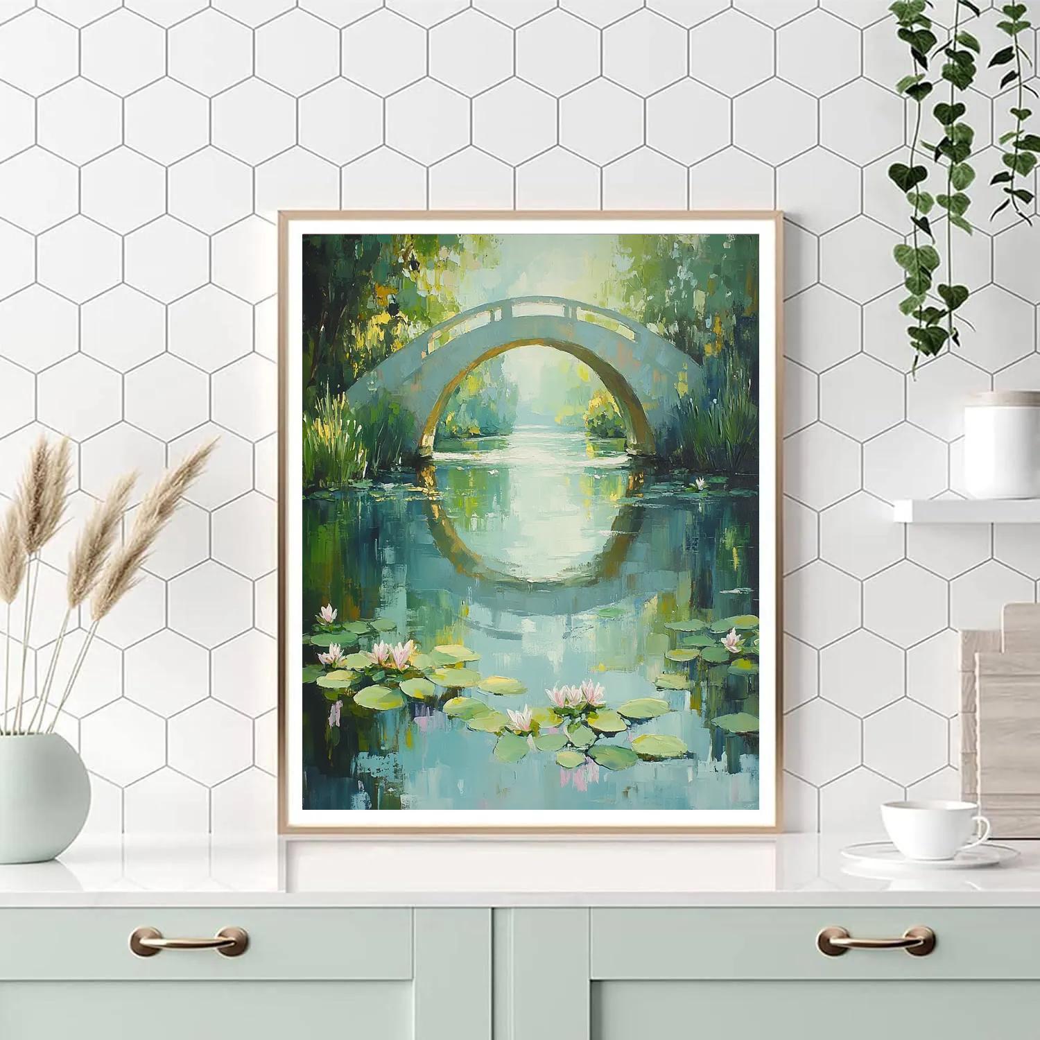 Claude Monet Inspired Japanese Bridge Reflections In Spring Green paint by number