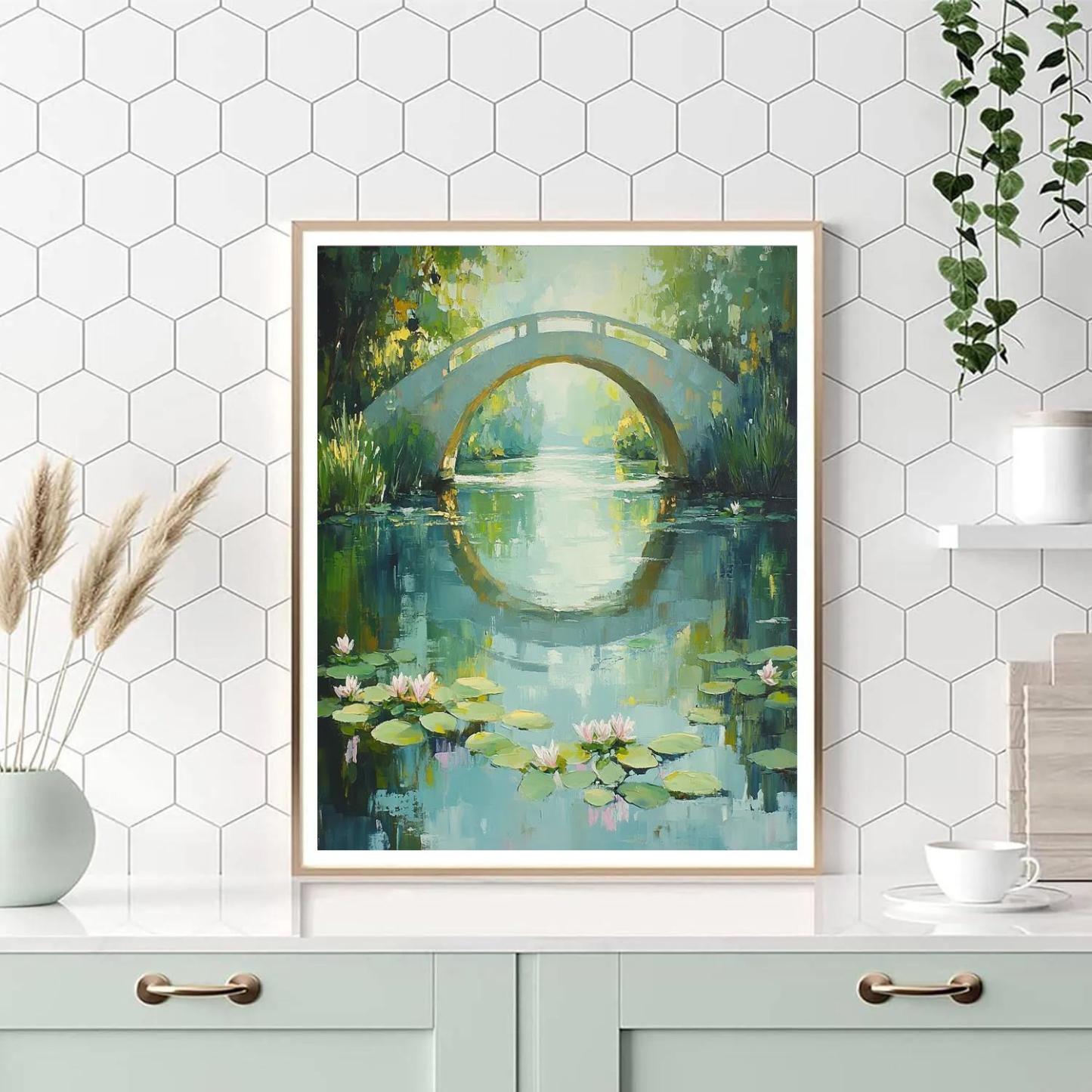 Claude Monet Inspired Japanese Bridge Reflections In Spring Green paint by number