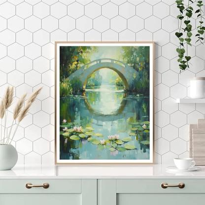 Claude Monet Inspired Japanese Bridge Reflections In Spring Green paint by number