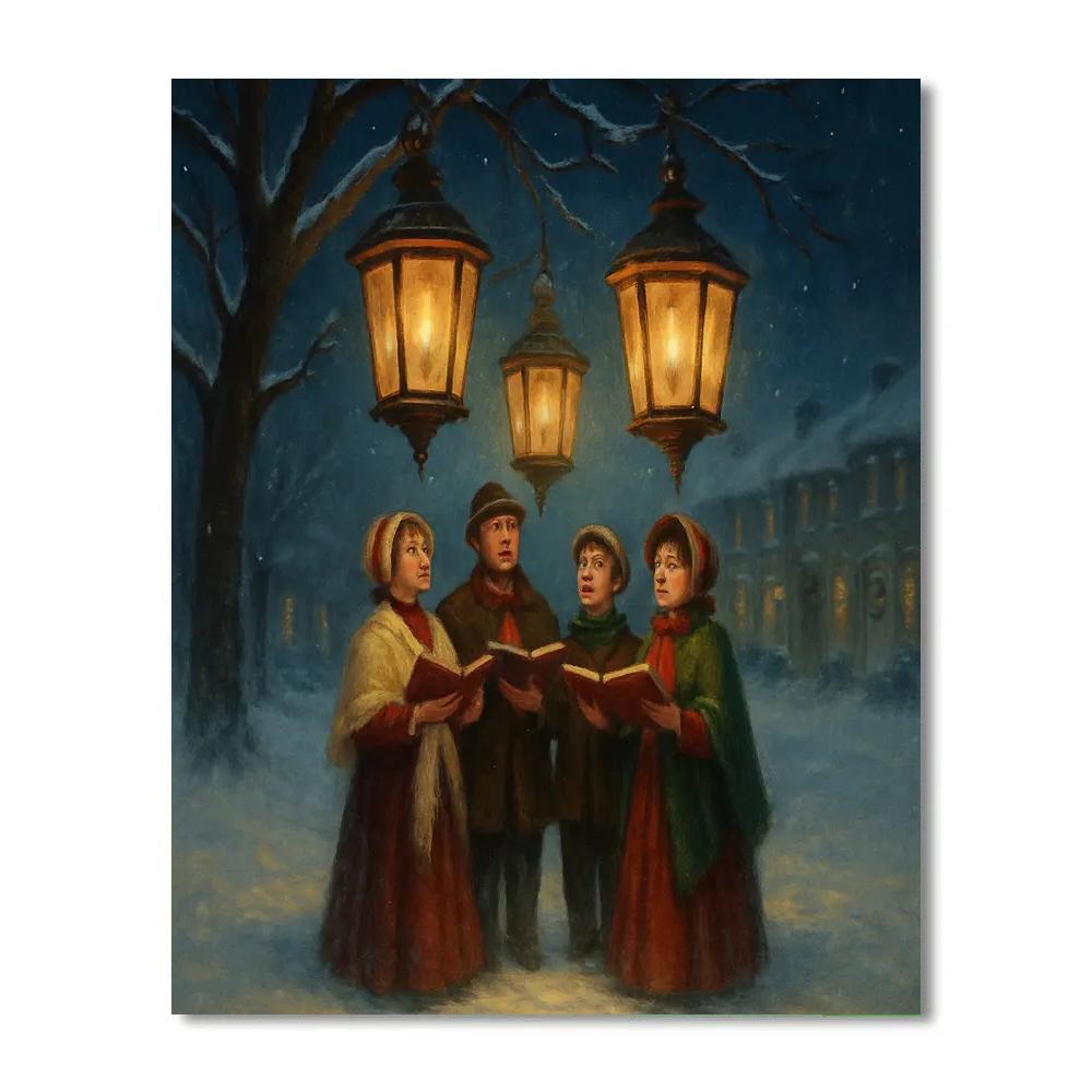 Snowy Carolers Under Glass Lanterns Numbered painting kits