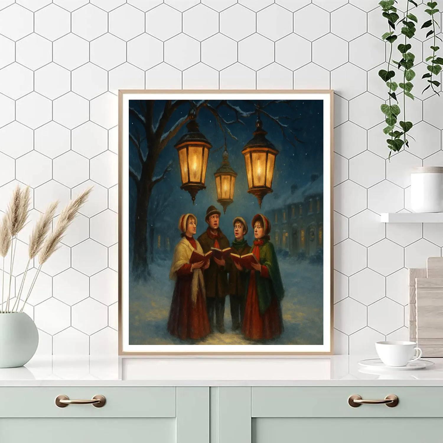 Snowy Carolers Under Glass Lanterns Numbered painting kits