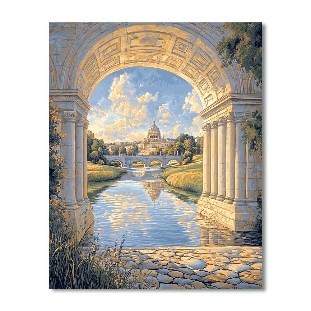 Raphael Inspired River Vista Through Classical Triumphal Arch paint by color