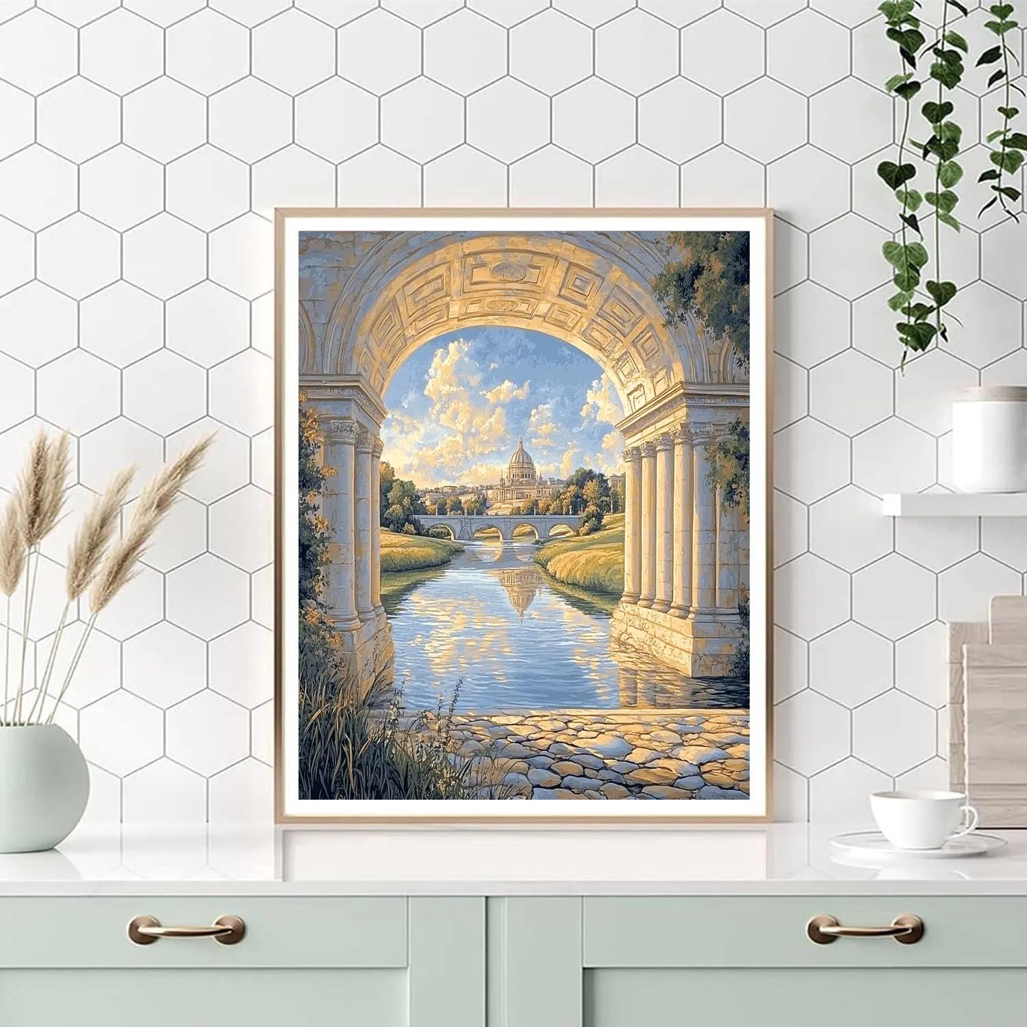 Raphael Inspired River Vista Through Classical Triumphal Arch paint by color