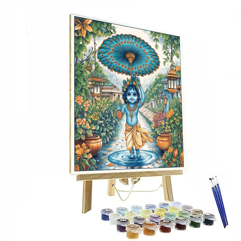 Krishna With A Starlit Peacock Umbrella Number painting