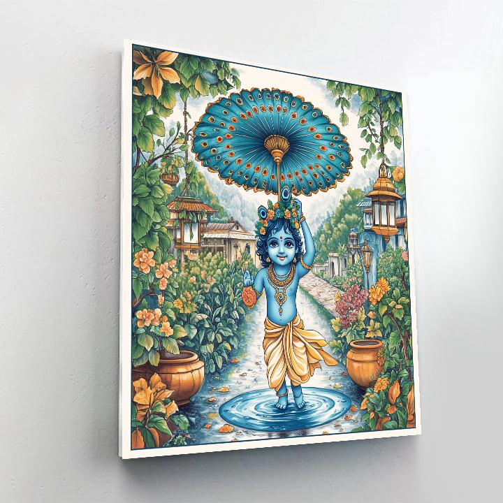Krishna With A Starlit Peacock Umbrella Number painting
