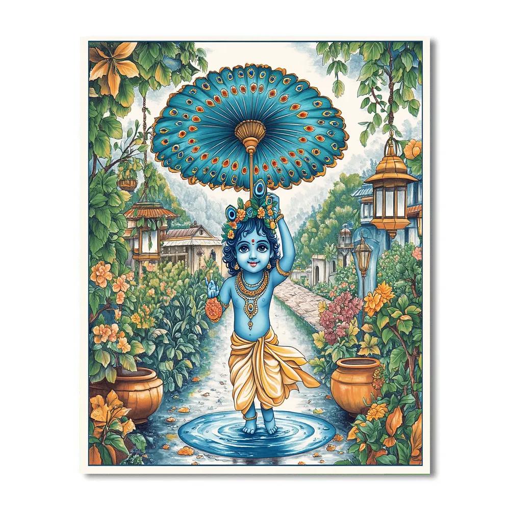 Krishna With A Starlit Peacock Umbrella Number painting