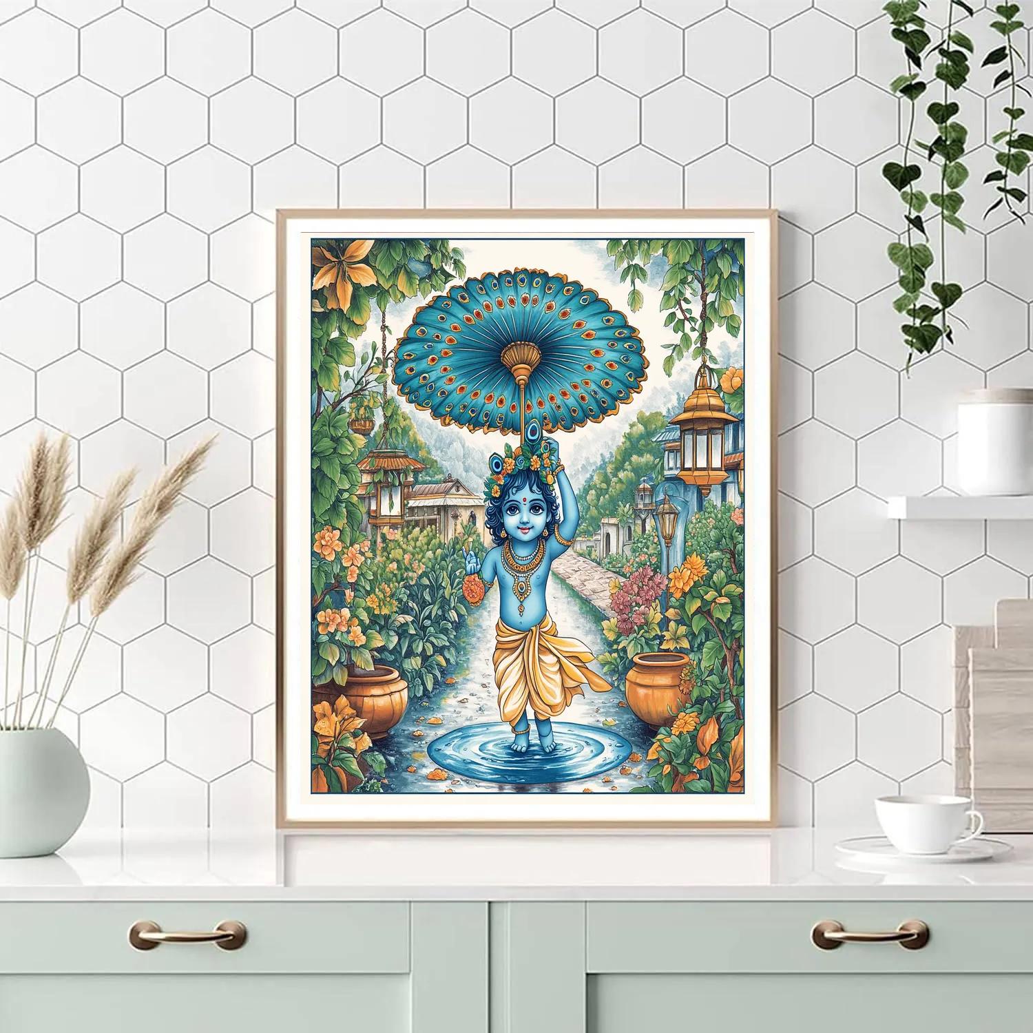 Krishna With A Starlit Peacock Umbrella Number painting