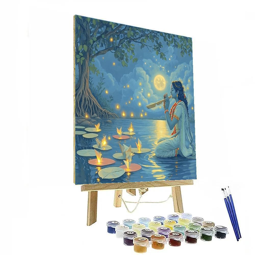 Krishna Guiding Paper Boats On A Moonlit Pond Number painting
