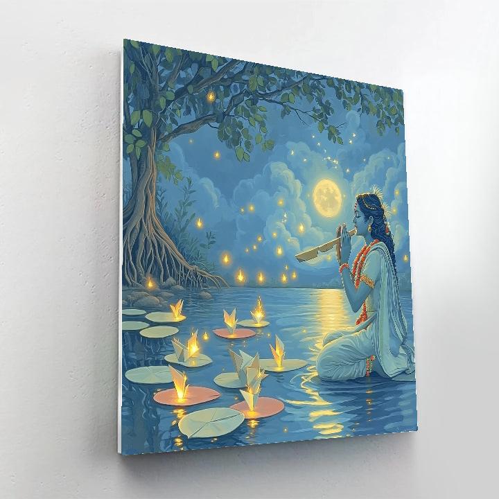 Krishna Guiding Paper Boats On A Moonlit Pond Number painting