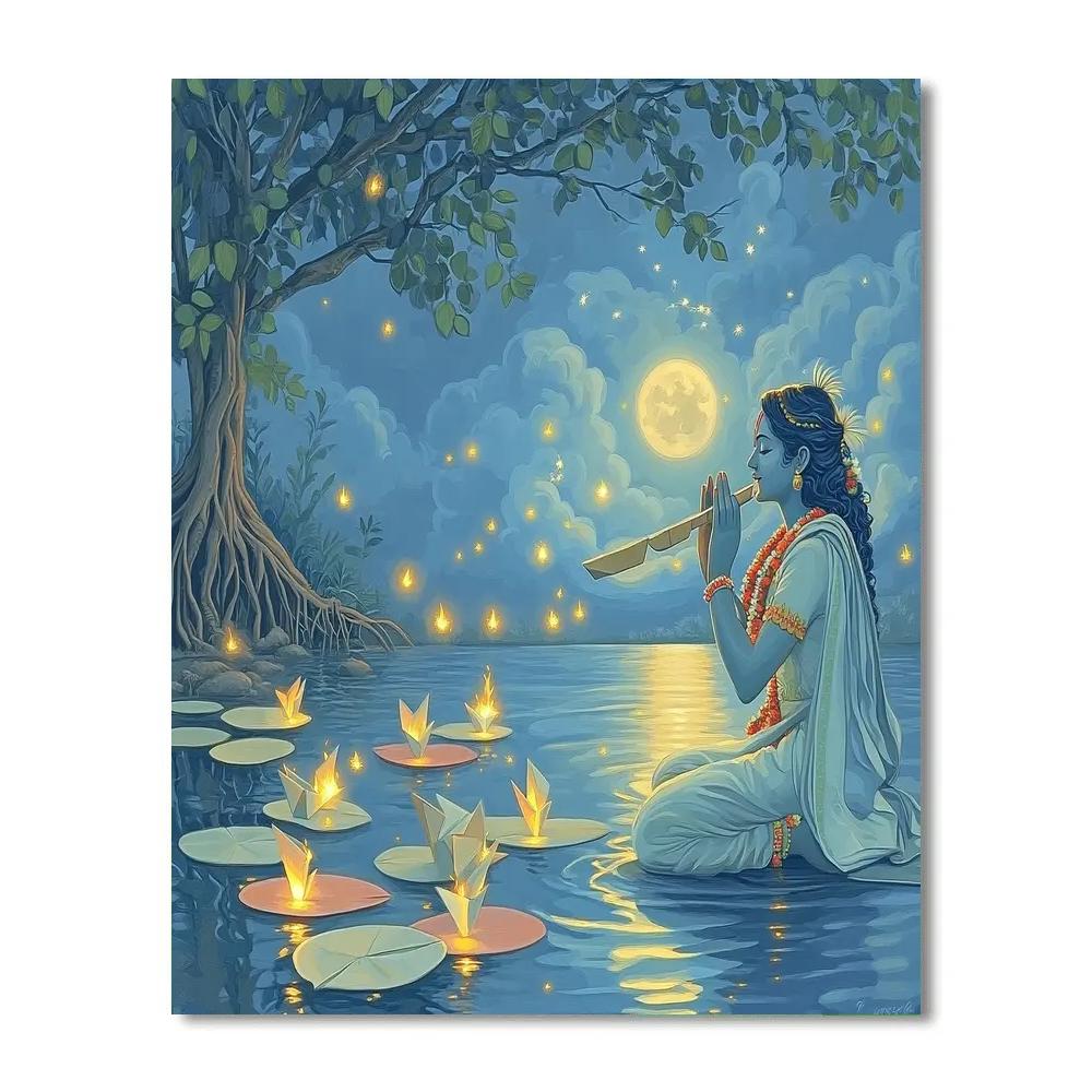 Krishna Guiding Paper Boats On A Moonlit Pond Number painting