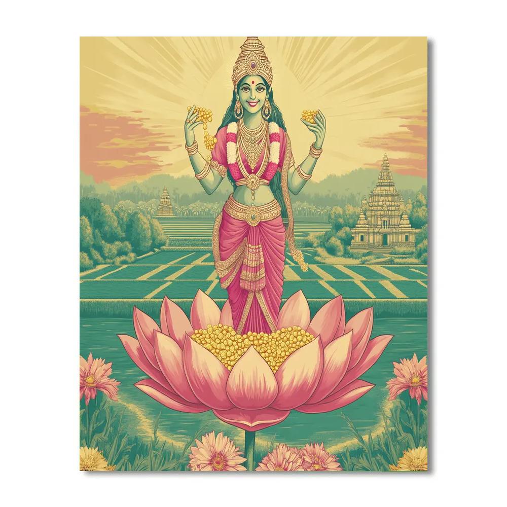 Rain Of Coins Over Lotus Fields, Lakshmi Painting by numbers kit