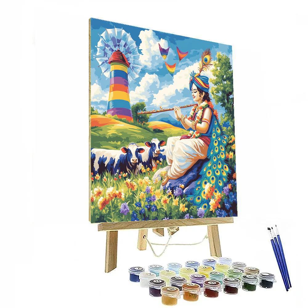 Krishna And The Herd Under A Rainbow Windmill Paint by numbers kits