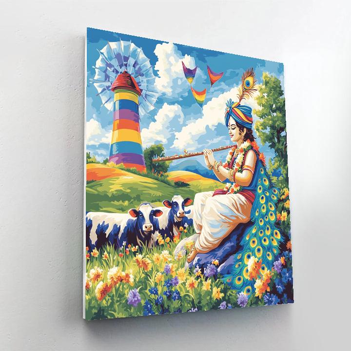 Krishna And The Herd Under A Rainbow Windmill Paint by numbers kits