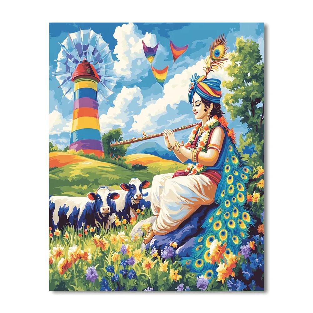 Krishna And The Herd Under A Rainbow Windmill Paint by numbers kits