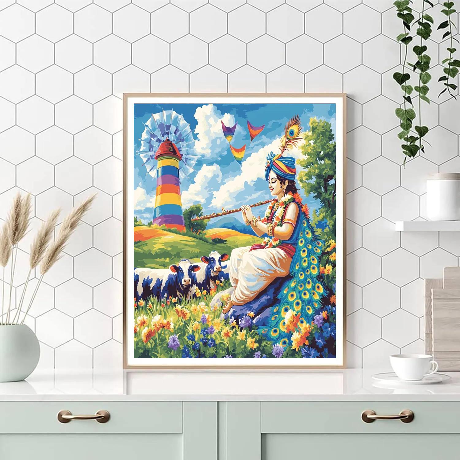 Krishna And The Herd Under A Rainbow Windmill Paint by numbers kits