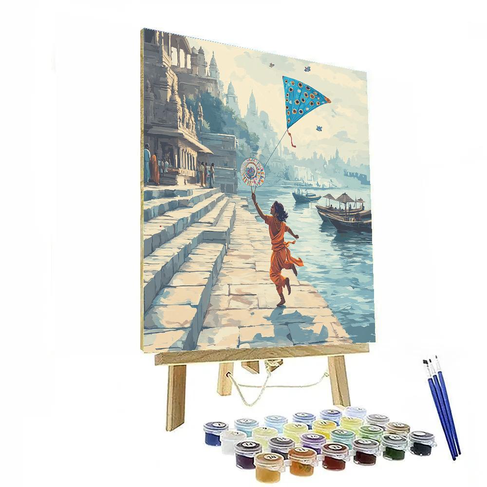 Krishna With A Lotus Kite Over River Steps DIY paint by numbers