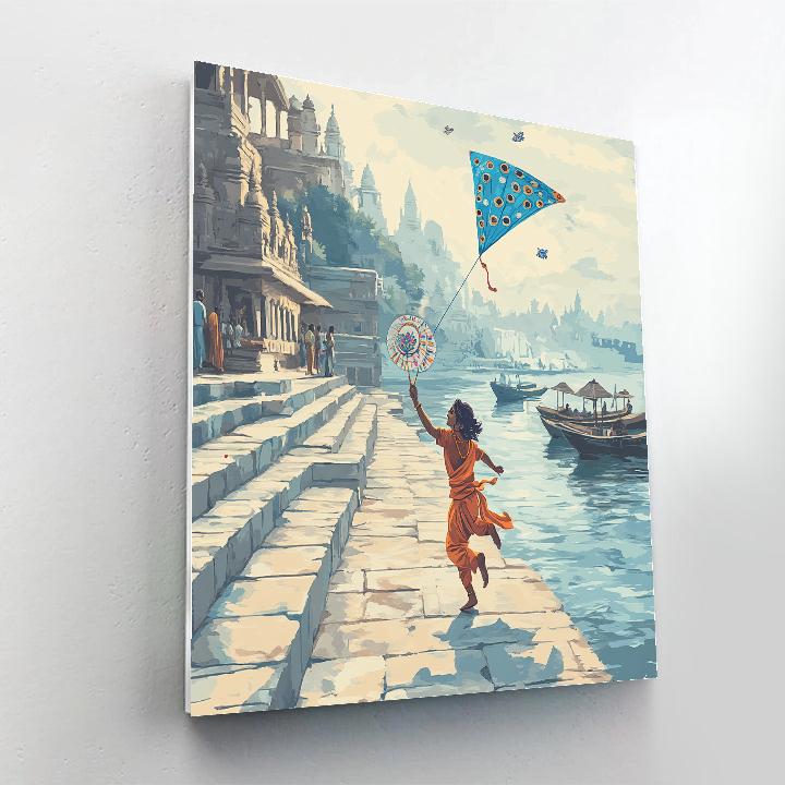 Krishna With A Lotus Kite Over River Steps DIY paint by numbers
